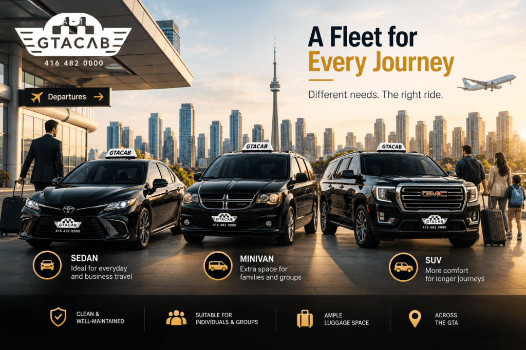 GTA Cab fleet featuring sedan, minivan, and SUV vehicles for airport transfers, business travel, and family transportation across Toronto and the Greater Toronto Area