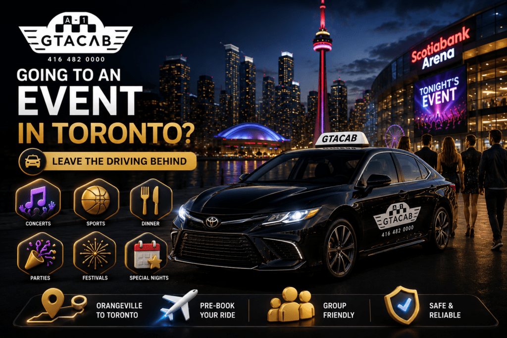 GTA Cab taxi in Toronto at night with event crowd and city skyline showing transportation for concerts, sports, parties, and airport travel