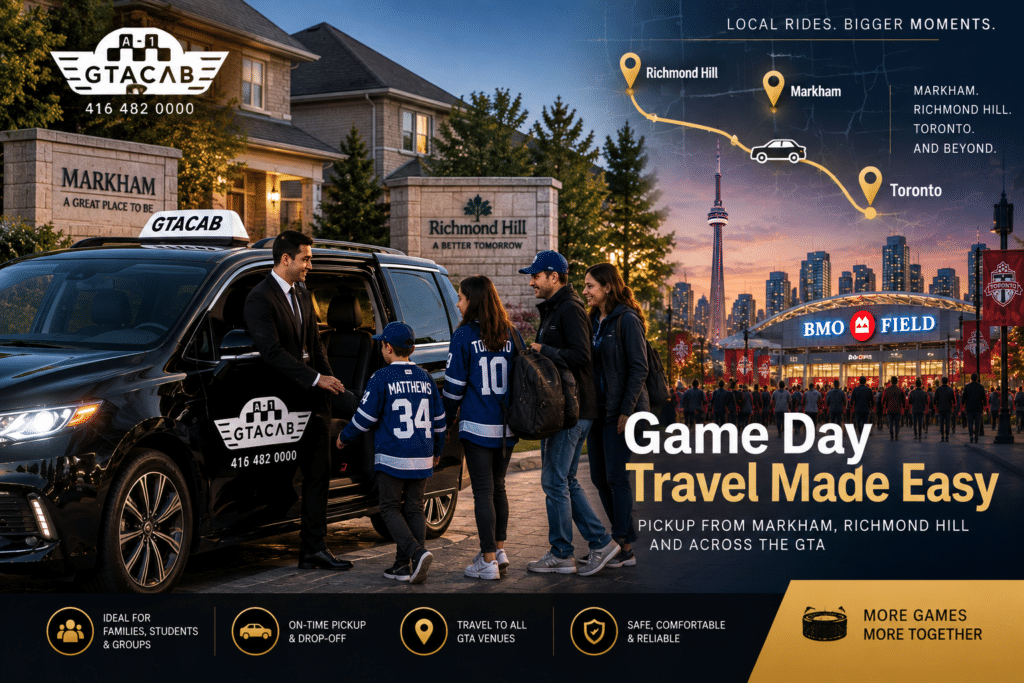 Family boarding GTA Cab taxi in Markham and Richmond Hill for sports event travel to Toronto stadium, showcasing convenient group transportation across the GTA