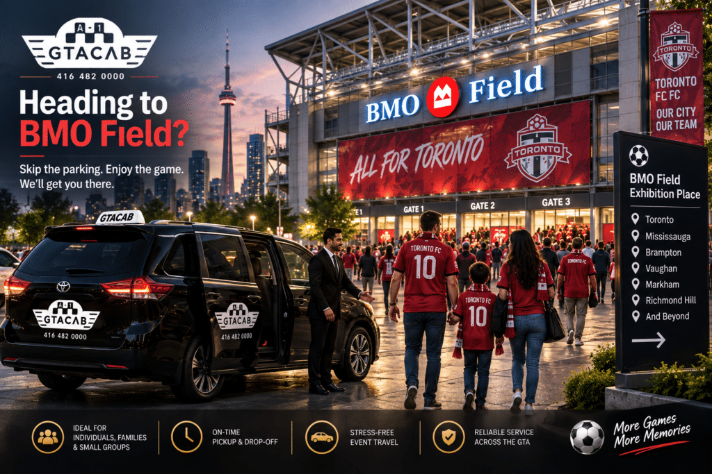 Fans arriving at BMO Field Toronto with GTA Cab taxi service for soccer match, showcasing convenient transportation from GTA cities like Mississauga, Brampton, and Vaughan