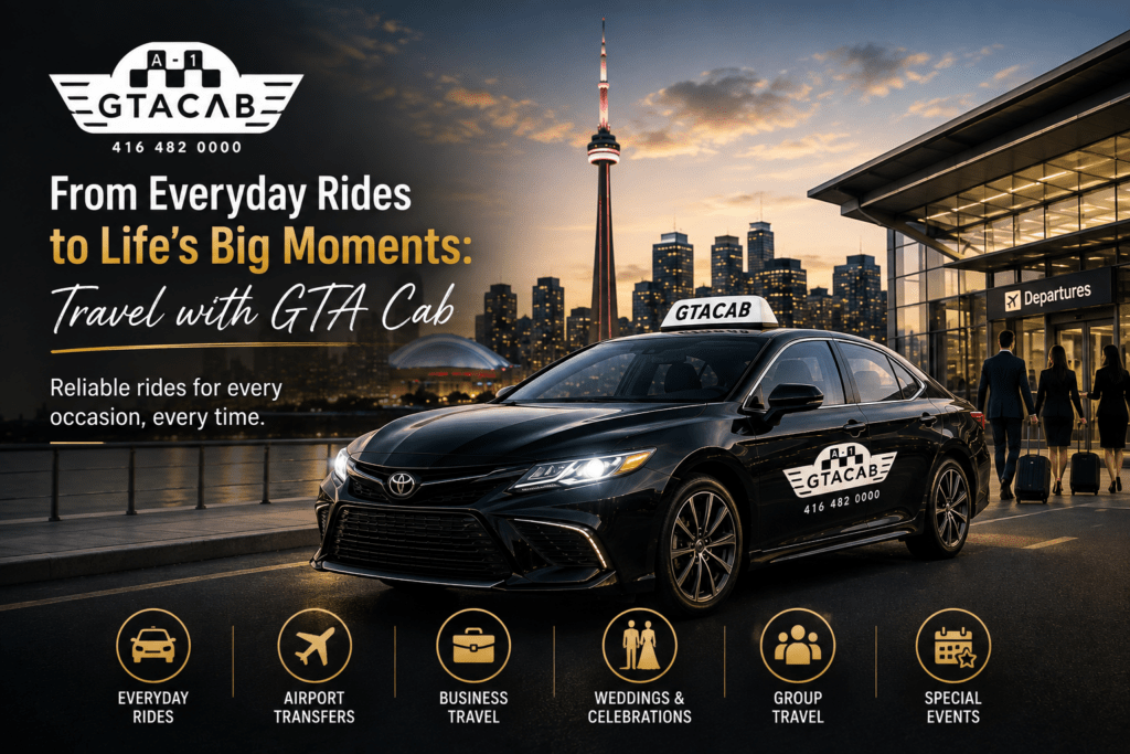 GTA Cab taxi in Toronto near airport and city skyline providing rides for daily travel, airport transfers, business trips, and special occasions