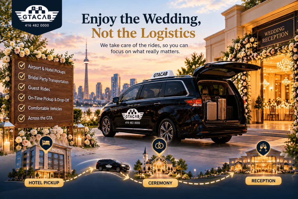 GTA Cab wedding transportation for hotel pickups, bridal party rides, ceremony and reception travel across Toronto and the GTA