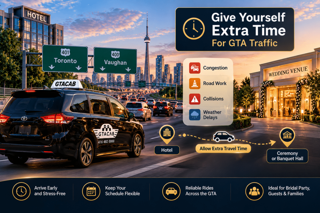 GTA Cab wedding taxi travelling through GTA traffic with extra travel time planned between hotel, ceremony and wedding venue