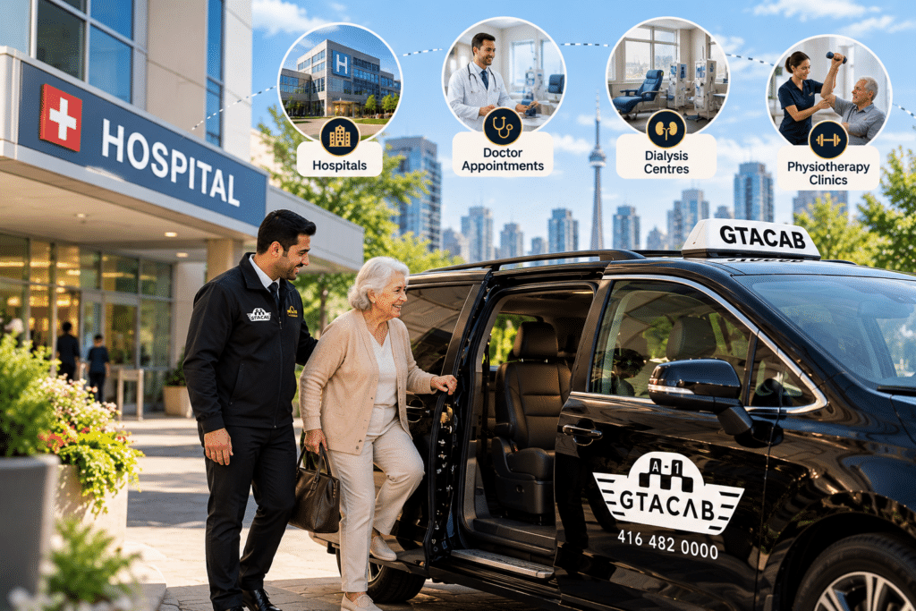 GTA Cab senior medical transportation service in Toronto, showing a professional driver assisting an elderly woman into a comfortable taxi outside a hospital for medical appointments and healthcare visits.