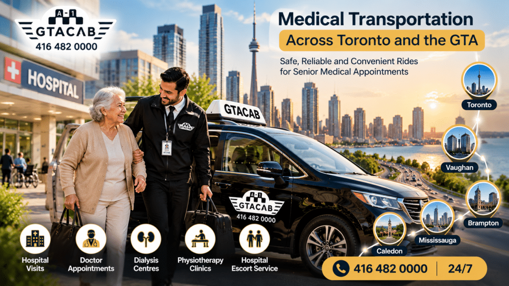 GTA Cab hospital discharge escort service in Toronto, showing a professional attendant helping a senior woman walk to a taxi, with information about advance booking, hospital pickup details, and discharge transportation.