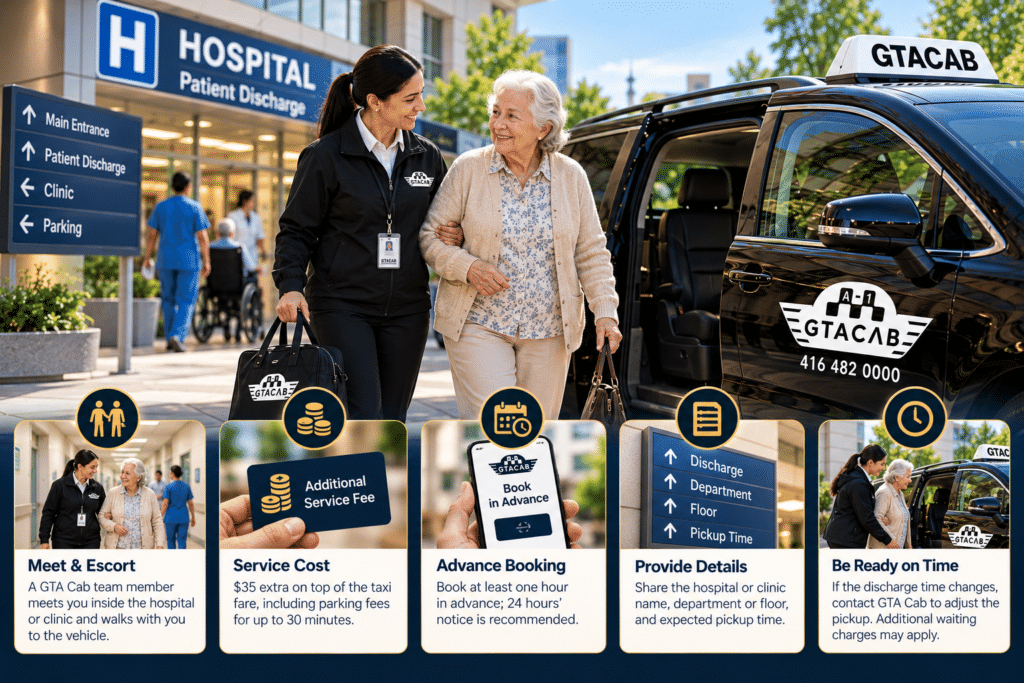 GTA Cab hospital discharge escort service in Toronto, showing a professional attendant helping a senior woman walk to a taxi, with information about advance booking, hospital pickup details, and discharge transportation.