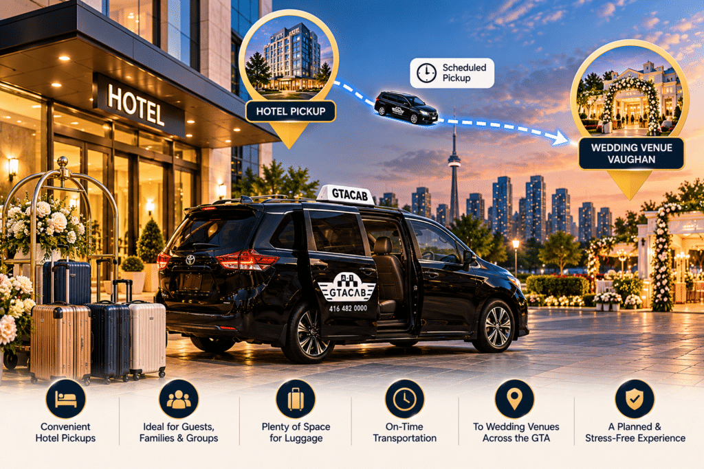 GTA Cab minivan providing hotel pickup for wedding guests travelling to a Vaughan wedding venue with luggage across the GTA